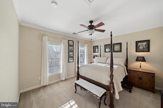 bedroom with light carpet, baseboards, visible vents, ceiling fan, and crown molding