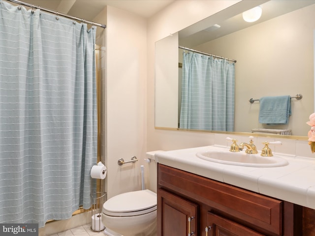 full bath featuring toilet, vanity, a shower with shower curtain, and tile patterned floors