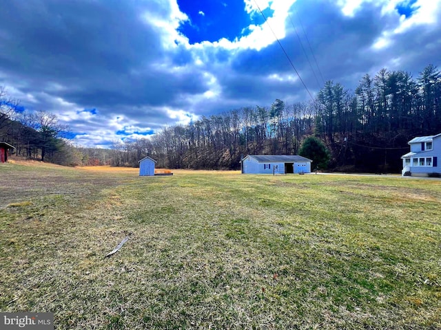 view of yard with an outbuilding, a wooded view, and a storage shed