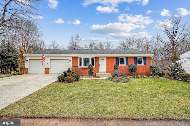 ranch-style house featuring a front lawn, concrete driveway, brick siding, and an attached garage