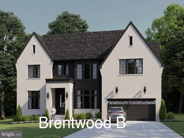 view of front of home featuring a shingled roof, brick siding, driveway, and an attached garage