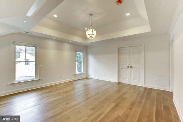 unfurnished bedroom featuring light wood-style floors, a raised ceiling, multiple windows, and baseboards