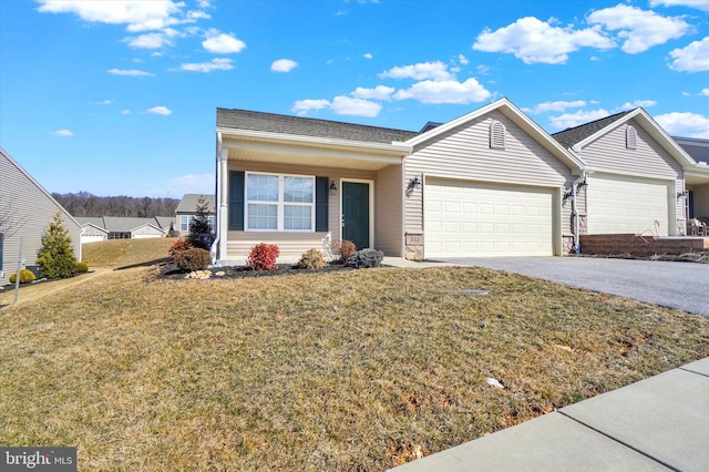 single story home with an attached garage, stone siding, aphalt driveway, and a front yard