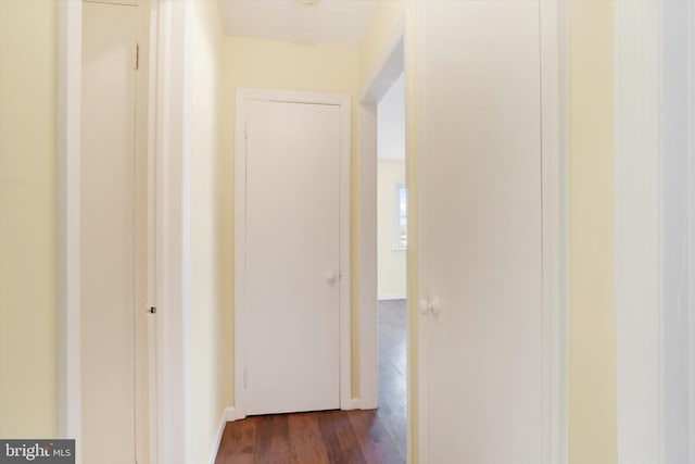 hall featuring dark wood-style flooring and baseboards