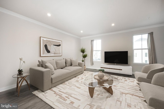 living room featuring ornamental molding, baseboards, and light wood finished floors