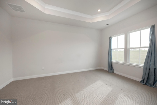 unfurnished room featuring light carpet, baseboards, visible vents, and a raised ceiling