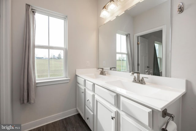 bathroom with double vanity, baseboards, a sink, and wood finished floors