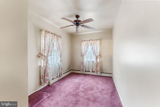 unfurnished room featuring a baseboard heating unit, carpet, and a ceiling fan