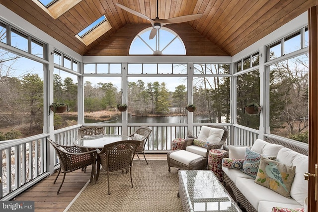 sunroom featuring lofted ceiling with skylight, wood ceiling, a water view, and ceiling fan