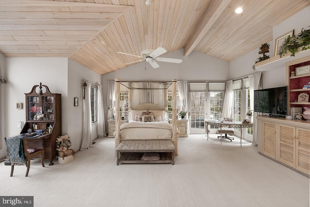 bedroom featuring lofted ceiling with beams, wood ceiling, and light colored carpet