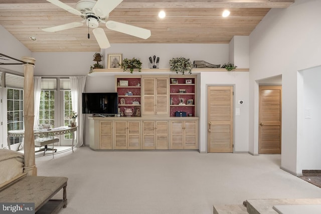 carpeted living area featuring recessed lighting, ceiling fan, high vaulted ceiling, wooden ceiling, and baseboards