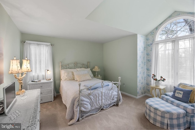 bedroom featuring carpet, lofted ceiling, and baseboards