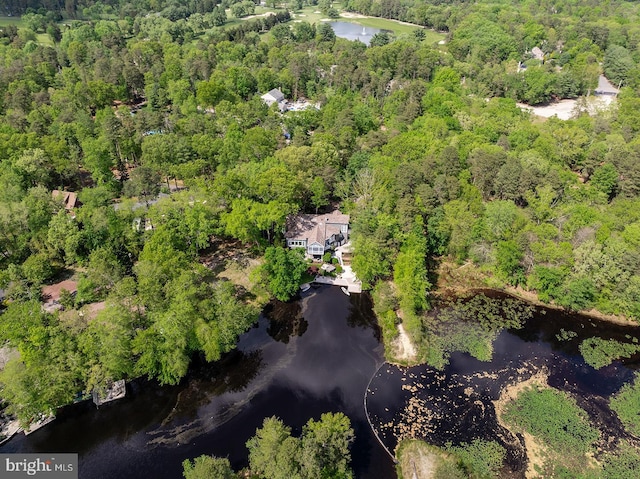 birds eye view of property with a water view and a forest view