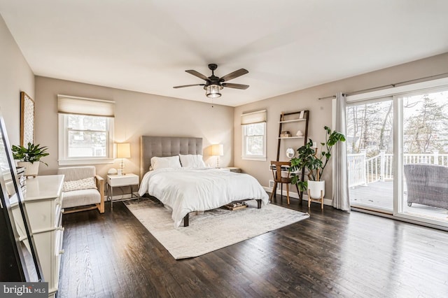 bedroom with access to outside, baseboards, dark wood finished floors, and a ceiling fan