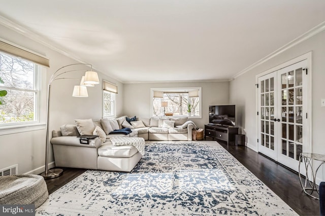 living room featuring plenty of natural light, ornamental molding, and french doors