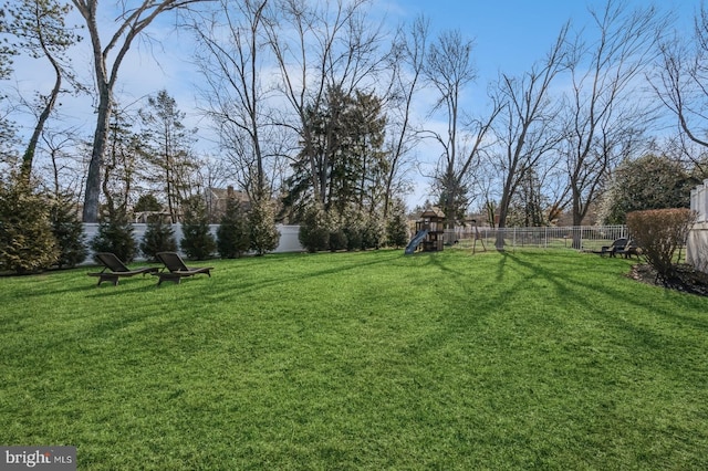 view of yard with a fenced backyard and a playground