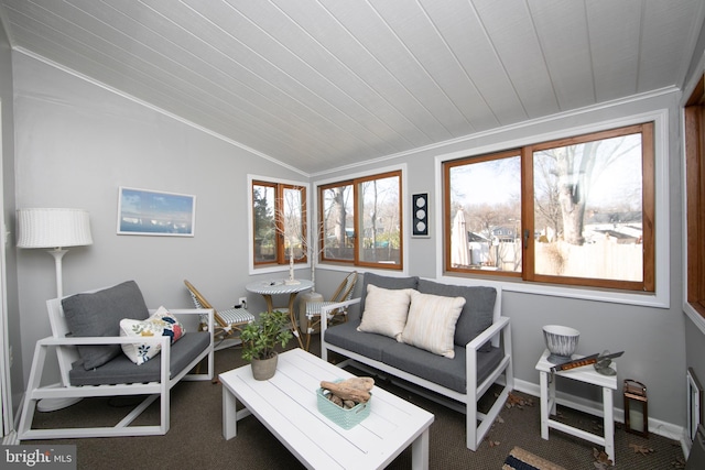 living area featuring wooden ceiling, carpet, vaulted ceiling, and crown molding