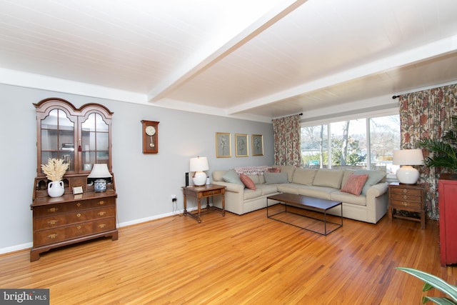 living room with wood finished floors, beam ceiling, and baseboards