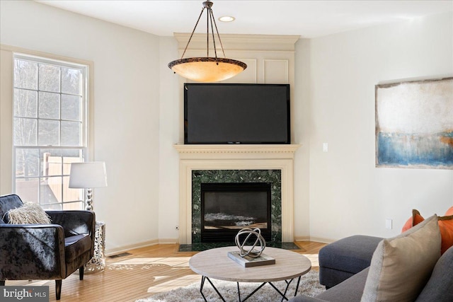 living area with light wood-style floors, baseboards, a wealth of natural light, and a high end fireplace