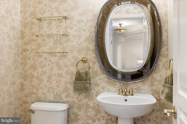 half bath featuring a sink, toilet, and wallpapered walls