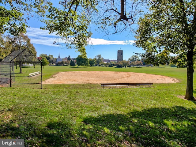 view of property's community with a yard and fence