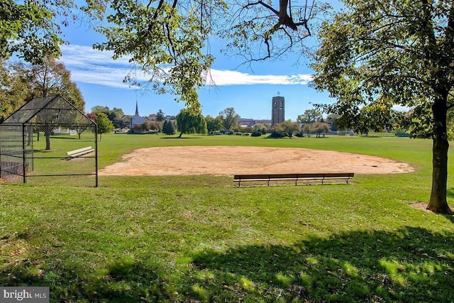 view of community with fence and a lawn