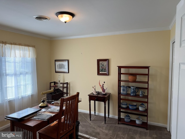 dining area featuring dark colored carpet, visible vents, and baseboards