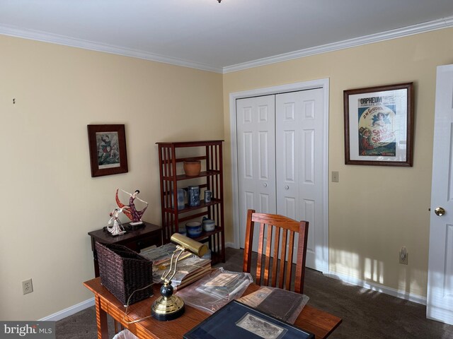 home office with baseboards, ornamental molding, and dark colored carpet