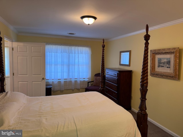 bedroom with ornamental molding, carpet flooring, baseboards, and multiple windows