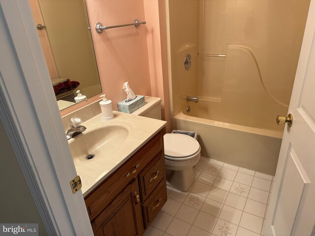 full bath with  shower combination, tile patterned flooring, vanity, and toilet