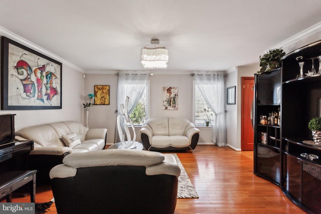 living area featuring ornamental molding, baseboards, and wood finished floors