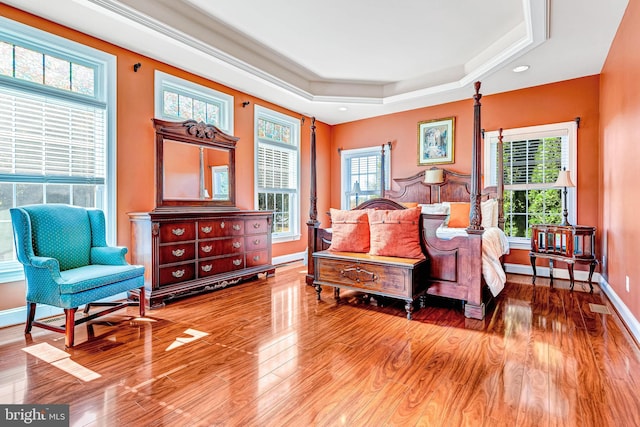 bedroom featuring a tray ceiling, wood finished floors, and baseboards