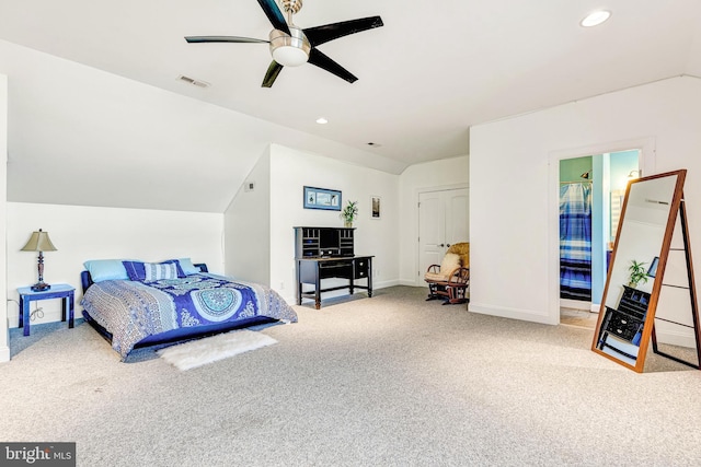 carpeted bedroom with vaulted ceiling, baseboards, visible vents, and recessed lighting