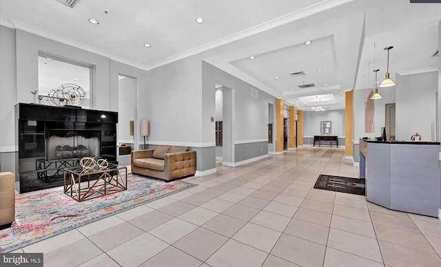 interior space with a fireplace, crown molding, visible vents, and light tile patterned floors