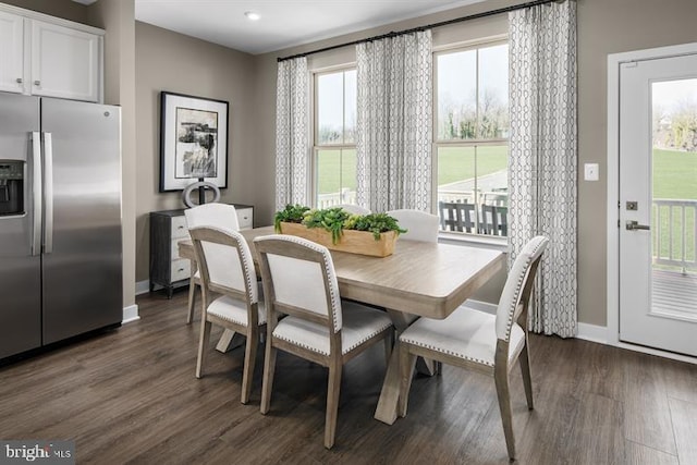 dining room with dark wood-type flooring and baseboards