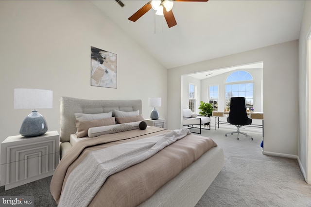 bedroom with high vaulted ceiling, visible vents, a ceiling fan, baseboards, and carpet