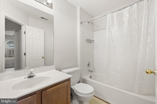 full bathroom with visible vents, shower / bathtub combination with curtain, toilet, and vanity