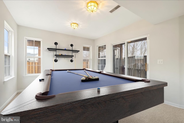 rec room with carpet floors, pool table, visible vents, and baseboards