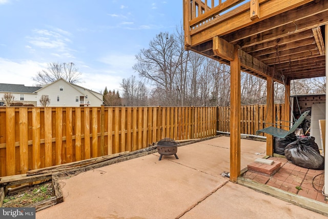 view of patio / terrace featuring an outdoor fire pit and a fenced backyard