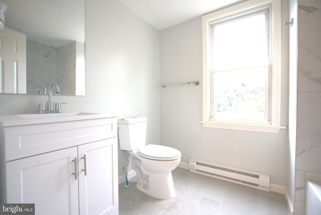 bathroom featuring toilet, a baseboard heating unit, vanity, baseboards, and a marble finish shower