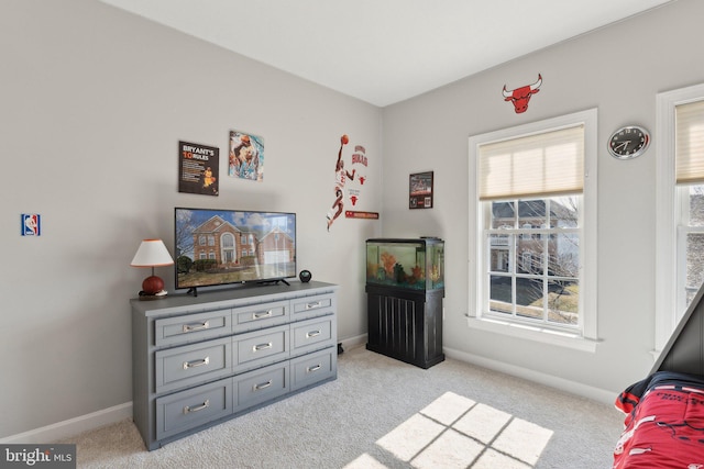 bedroom with light carpet and baseboards