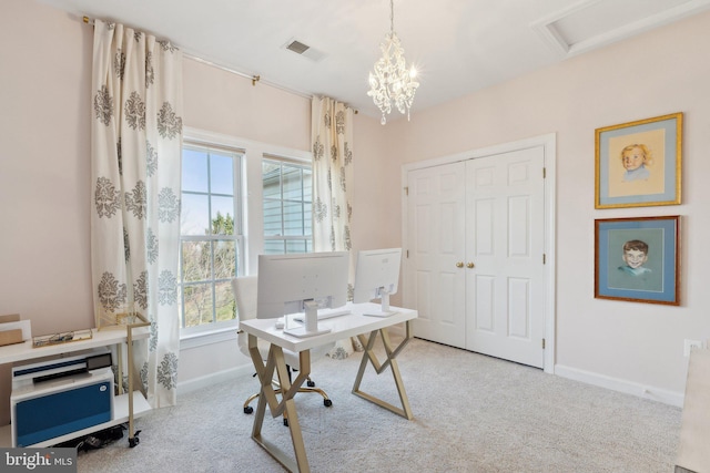 office with a chandelier, light carpet, visible vents, and baseboards