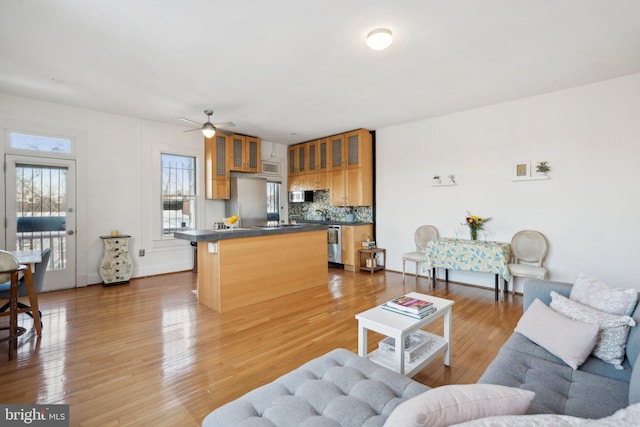 living area with ceiling fan, baseboards, and wood finished floors