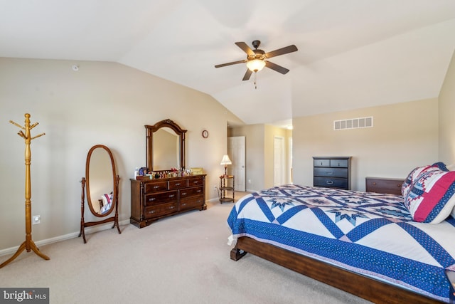 bedroom with lofted ceiling, visible vents, carpet flooring, ceiling fan, and baseboards