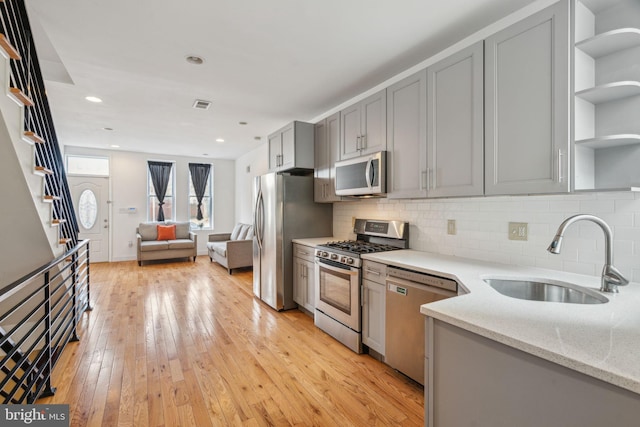 kitchen featuring light wood-style flooring, stainless steel appliances, a sink, gray cabinets, and open shelves