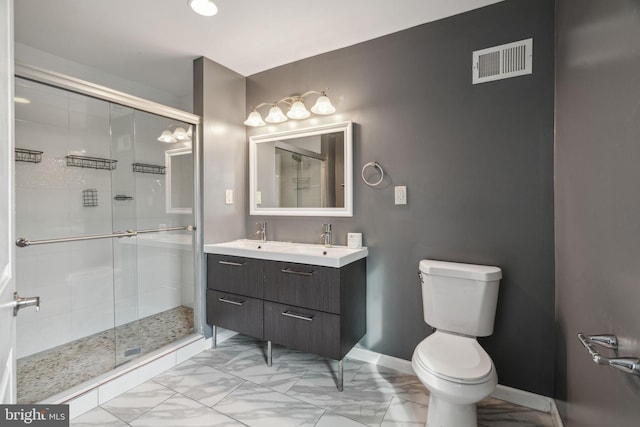 full bath featuring visible vents, baseboards, marble finish floor, double vanity, and a stall shower