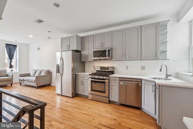 kitchen featuring stainless steel appliances, a sink, visible vents, light countertops, and open shelves