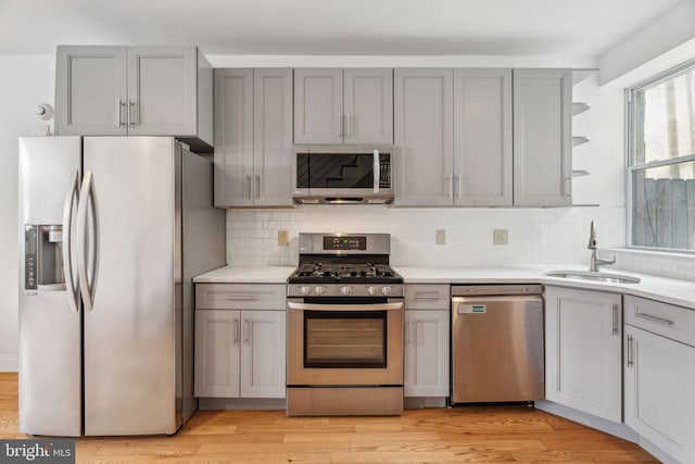 kitchen with light wood finished floors, open shelves, light countertops, appliances with stainless steel finishes, and a sink