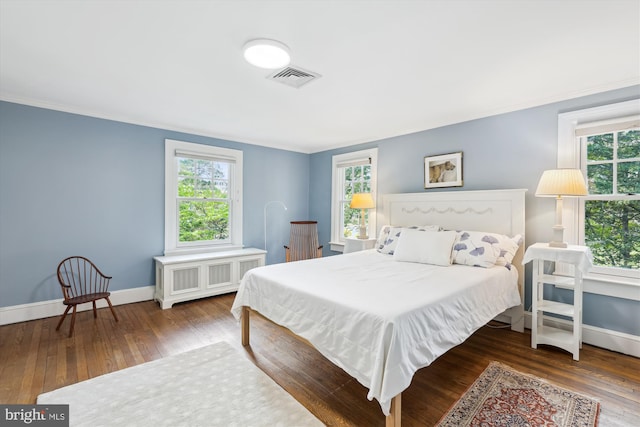 300 E Broad St, Falls Church, VA 22046 - bedroom featuring multiple windows, wood finished floors, radiator heating unit, and ornamental molding