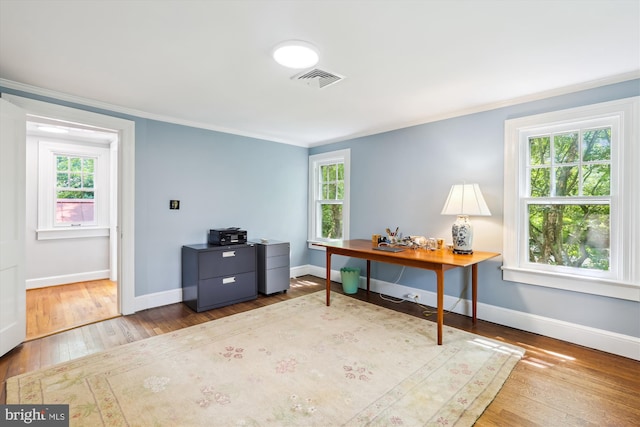 300 E Broad St, Falls Church, VA 22046 - home office with wood-type flooring, healthy amount of natural light, and crown molding